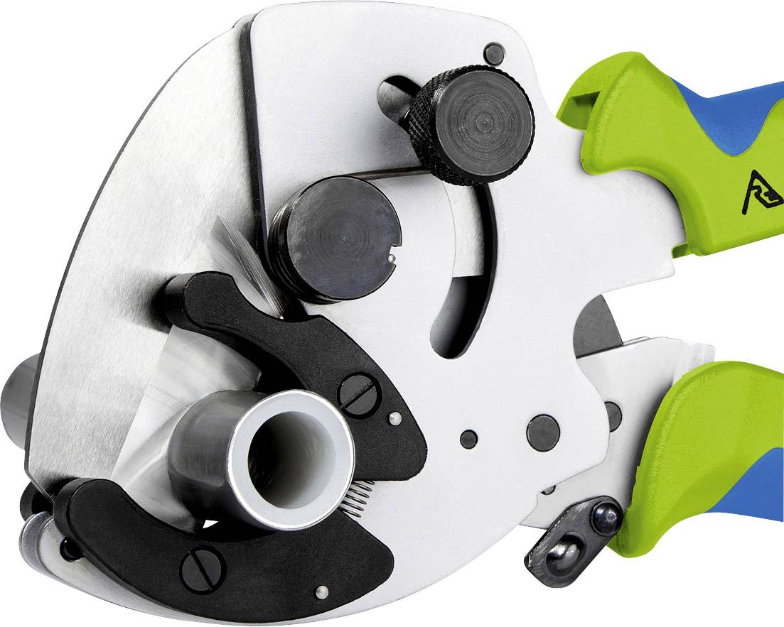 Plastic pipe cutting tool with silver blade, black and green handles, ergonomic design.