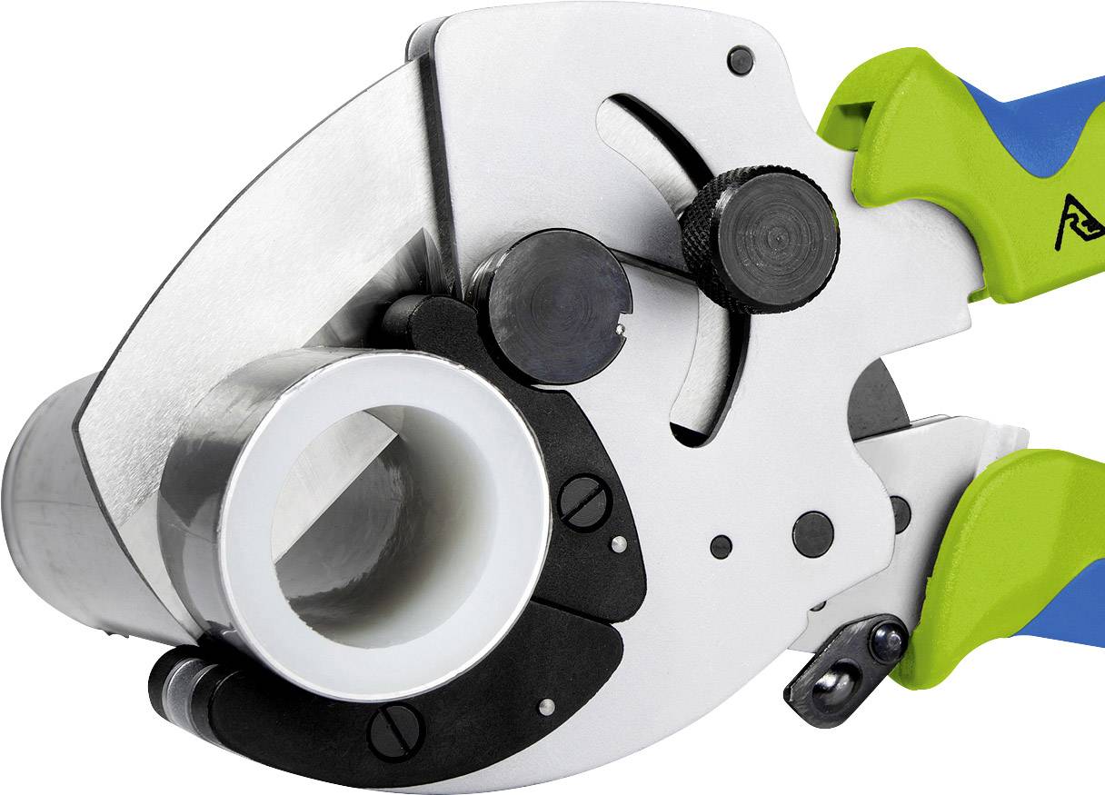 A pipe cutter with a green-blue handle, suitable for cutting plastic pipes.