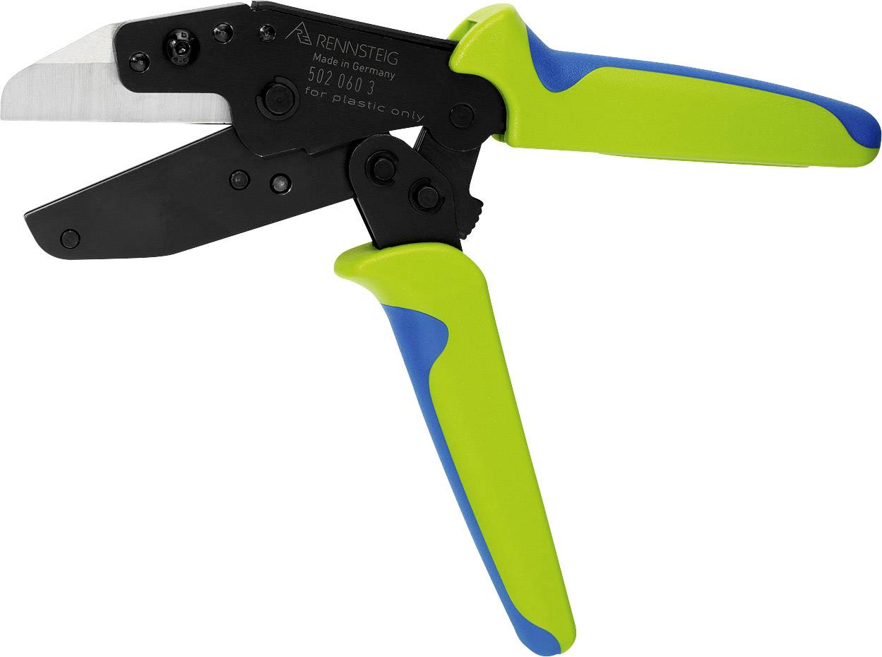 A pair of scissors with a green-blue handle, suitable for cutting plastic. The blades are black, with the inscription 'Made in Germany'.