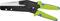 A green and blue metal tin snips with a black cutting mechanism, suitable for cutting metals.