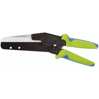 A metal scissors with green-blue handles and a robust blade, used for precise cutting work in metalworking.