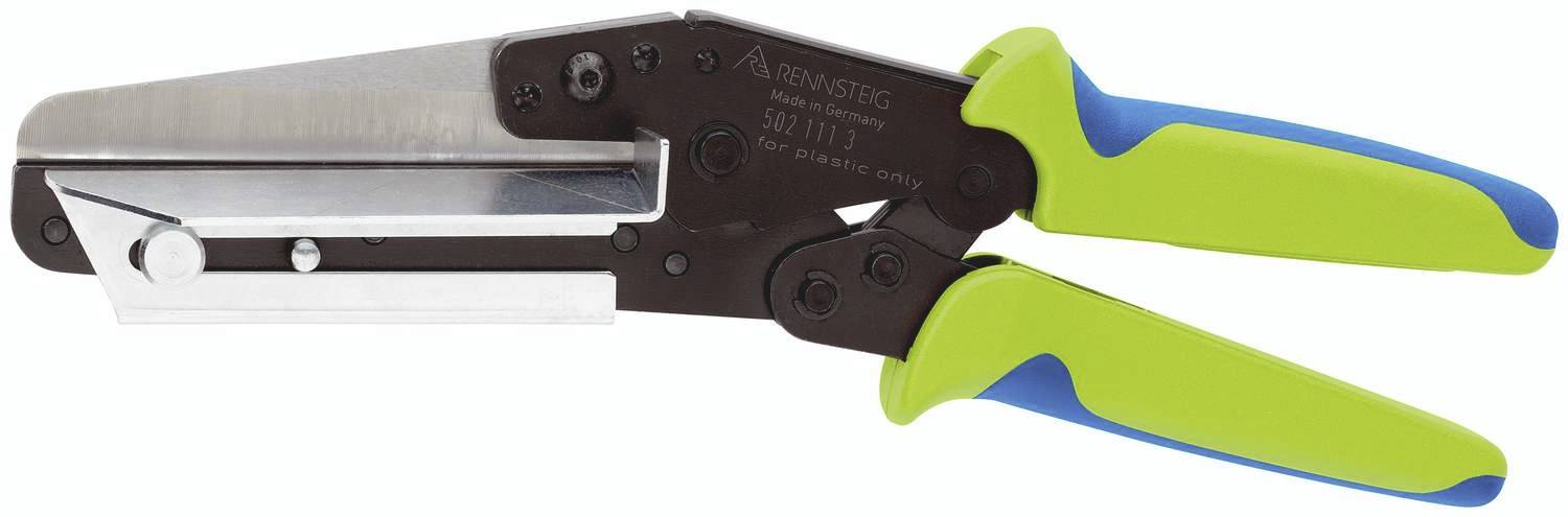 Metal shears with blue and green handles, suitable for cutting metal.