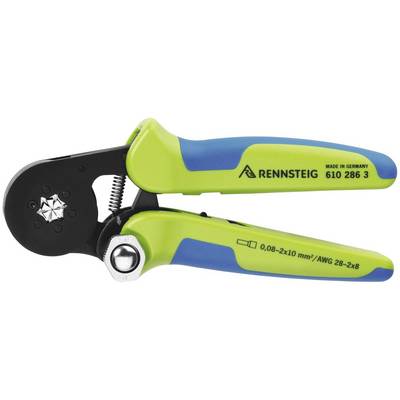 A green-blue crimping pliers by RENNSTEIG, model 610 286 3, suitable for 0.08–2.10 mm² cables, with ergonomic handles.