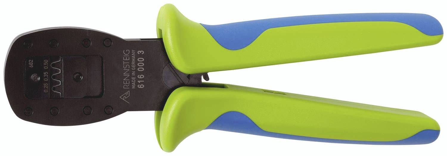Green and blue crimping pliers with a black head, used for connecting cables using clips.