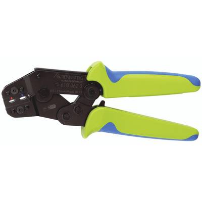 Pliers with green and blue handles, used for crimping or cutting operations. Metal tool, precise and robust.<br><br>Translation to British English:<br>Pliers with green and blue handles, used for crimping or cutting processes. Metal tool, precise and sturdy.