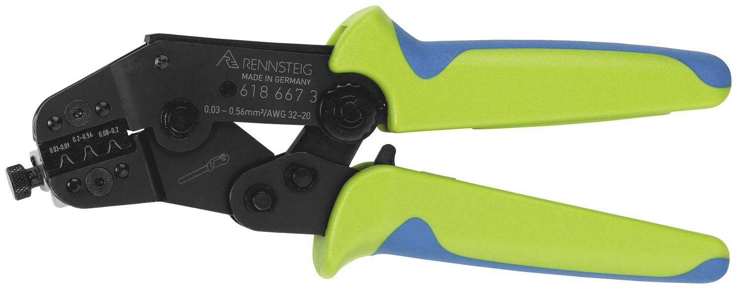 Black crimping pliers with green handles. Suitable for cable connections, with 'Rennsteig' inscription.
