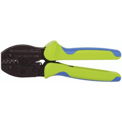 A green-blue crimping pliers made of metal and plastic for pressing cable connections.