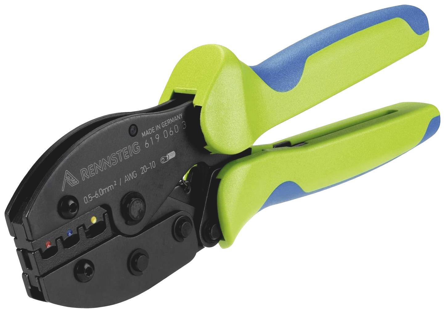 A green-blue crimping pliers with a black jaw area, suitable for cable lugs. The blade is marked 'Made in Germany'.
