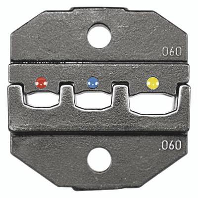 A metal tool with three differently coloured dots (red, blue, yellow) in the centre and two holes at the top and bottom.