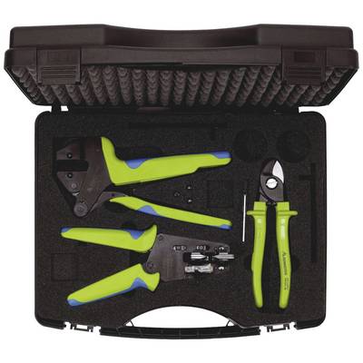 Tool case with wire strippers and cable cutters. All tools are neatly arranged in a foam insert.