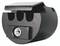 Black, cylindrical mounting bracket with three holes and screw fastening, suitable for mounting on cameras or similar devices.