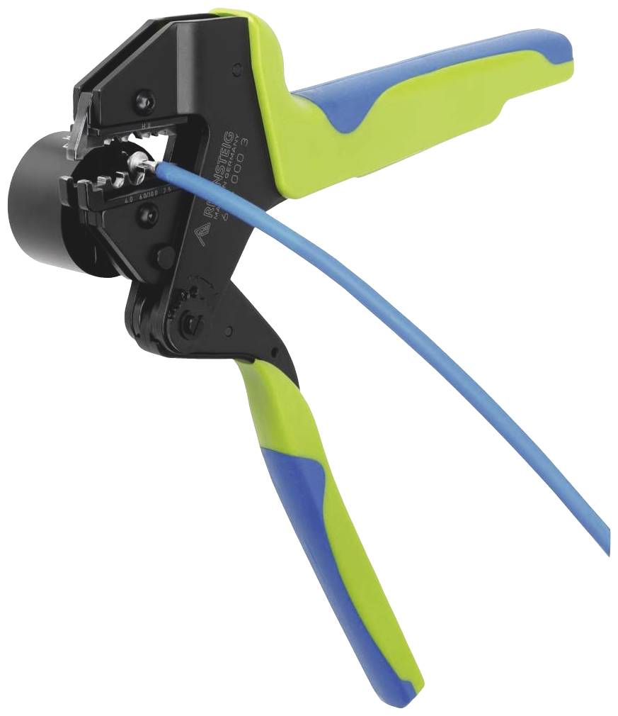 Crimping tool with blue and green handles, gripping a blue cable. Suitable for network cabling and repair work.