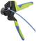 Crimping tool with blue and green handles, gripping a blue cable. Suitable for network cabling and repair work.