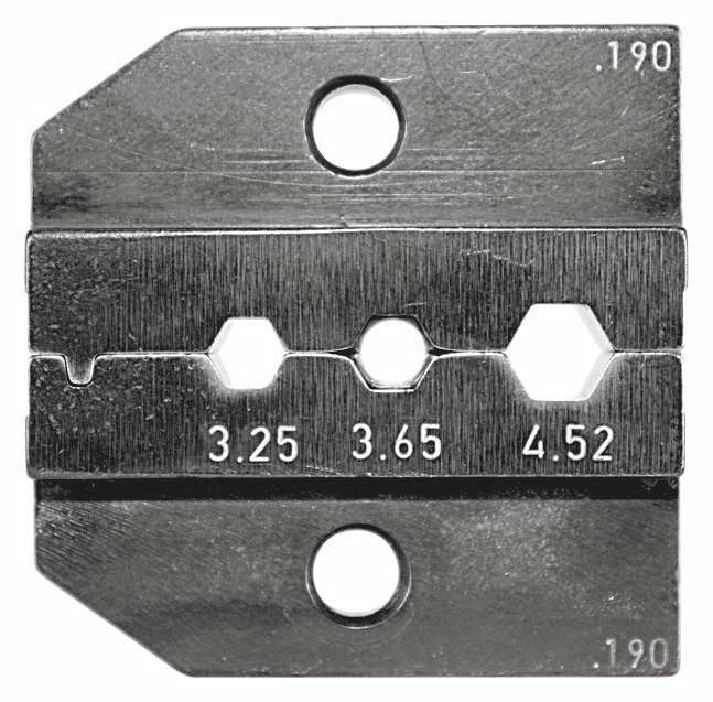 A silver metal component with three hexagonal holes in the centre, numbered '3.25', '3.65', '4.52'. Circular holes at the top and bottom.