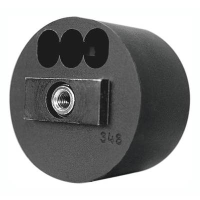 Round black plastic cap with three oval openings at the top and a threaded metal insert in the centre; number '348' embossed.