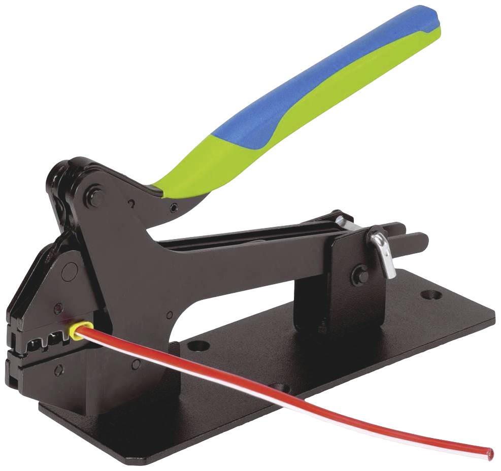 A lever tool grips a red cable. The handle is blue and green. The device has a black metal base for stabilisation.