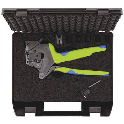 Crimping tool with green and blue handles in a black foam packaging, including accessories and screwdriver.
