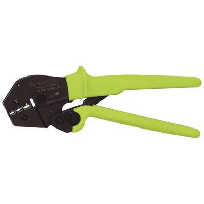 A green crimping pliers for connecting cables, with various adjustment options on the side.