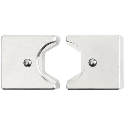 Two identical, square metal pieces with a central hole and a curved indentation on each side, placed side by side.