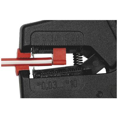 Close-up of pliers gripping a red and white cable. Tool setting from 0.03 to 10, with scale from 5 to 20 visible.