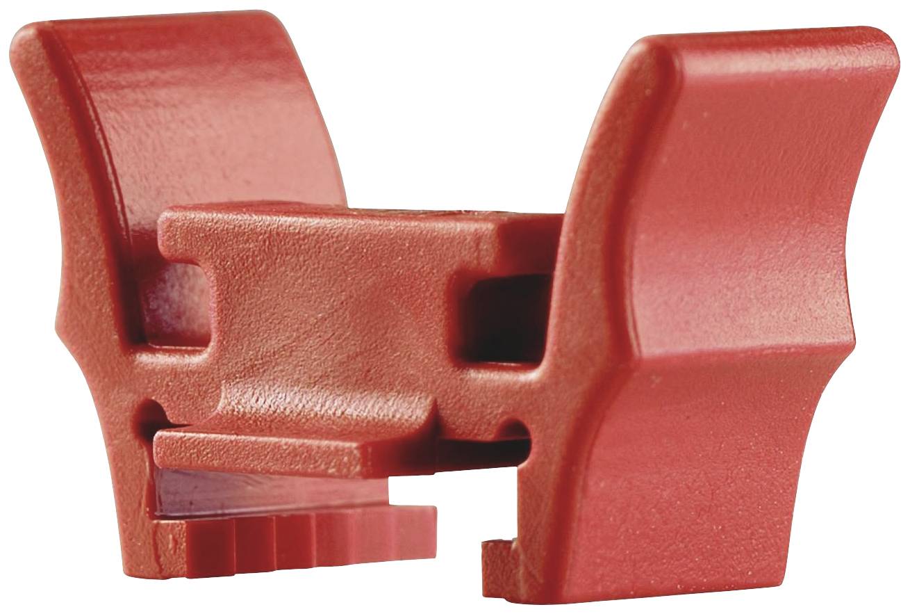 A red plastic component with two lateral arms and a rectangular base. Suitable as a connecting piece or mounting bracket.