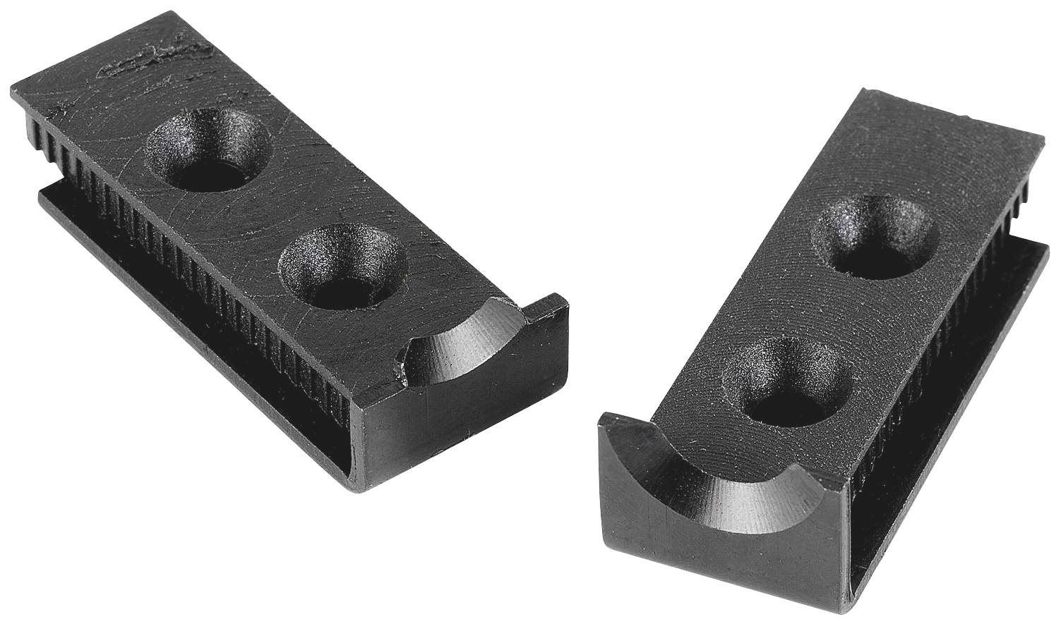 Two black, rectangular plastic brackets, each with two round recesses, possibly for securing cylindrical objects.