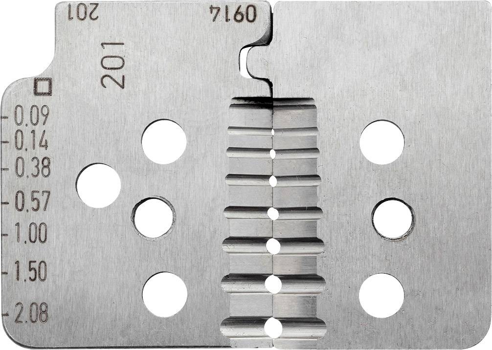 Metal plate with round holes and notches, with numbers on the side for measurement.