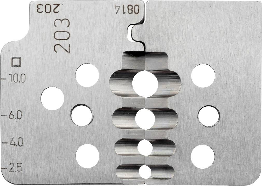 Metal plate with punched holes and notches, numbered '203' and '0814', used for thickness scaling or calibration.