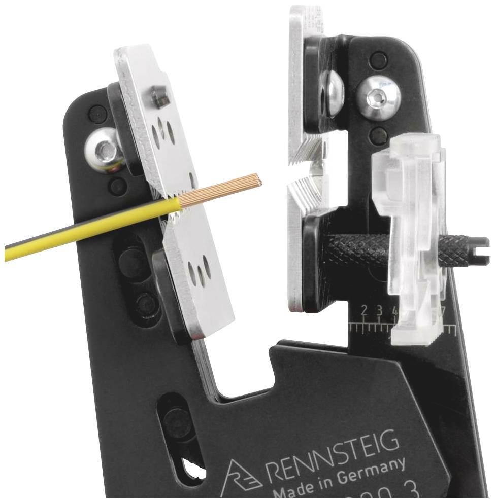 A wire is shown in a wire stripping tool by Rennsteig, which removes the insulation from the wire.