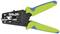 Wire stripping and crimping tool with green and blue handles, used for stripping and crimping electrical cables.