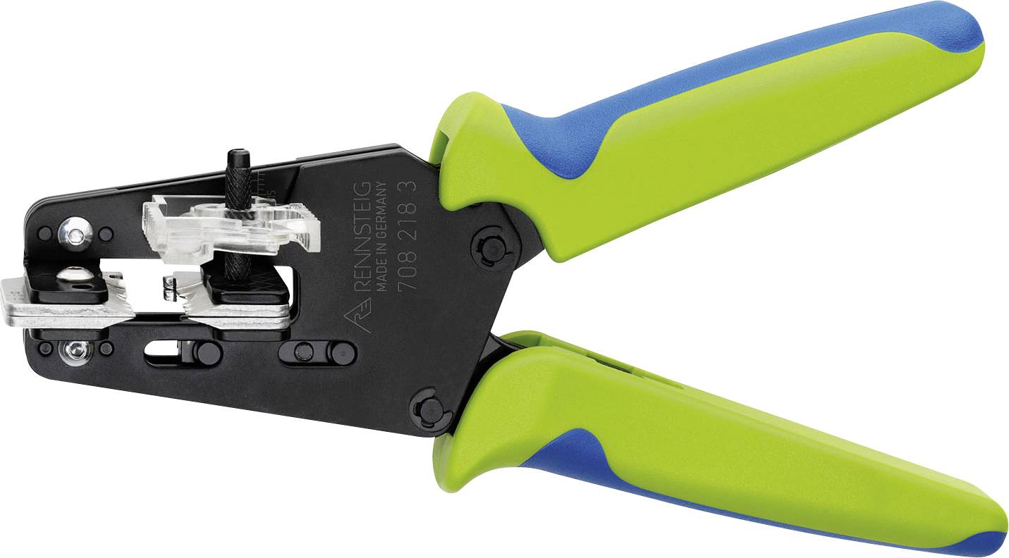 A green and blue crimping pliers with a black mechanism, used for processing electrical connections.