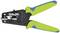Green and blue crimping pliers for cable processing, with a black mechanism and clearly visible metal parts.