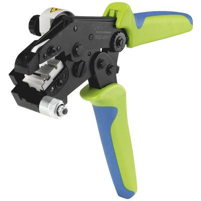 Handheld tool with lever mechanism and coloured grips for crimping cables.