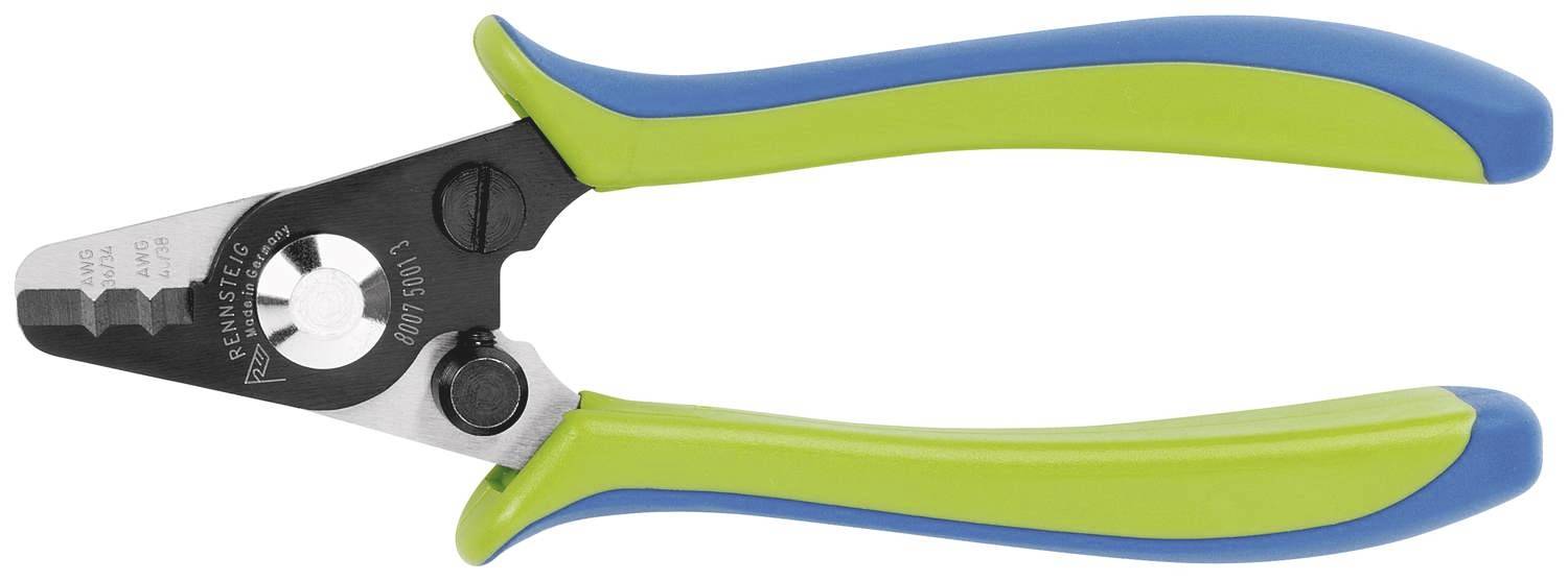 A green-blue wire stripping pliers with a black cutting mechanism for removing cable insulation.