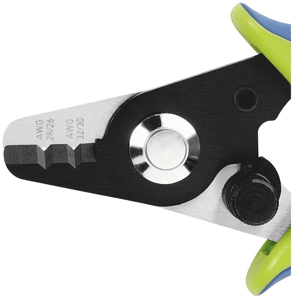 Close-up of a cutting tool with blue and green handles. The blades are made of metal, with embossed AWG sizes.