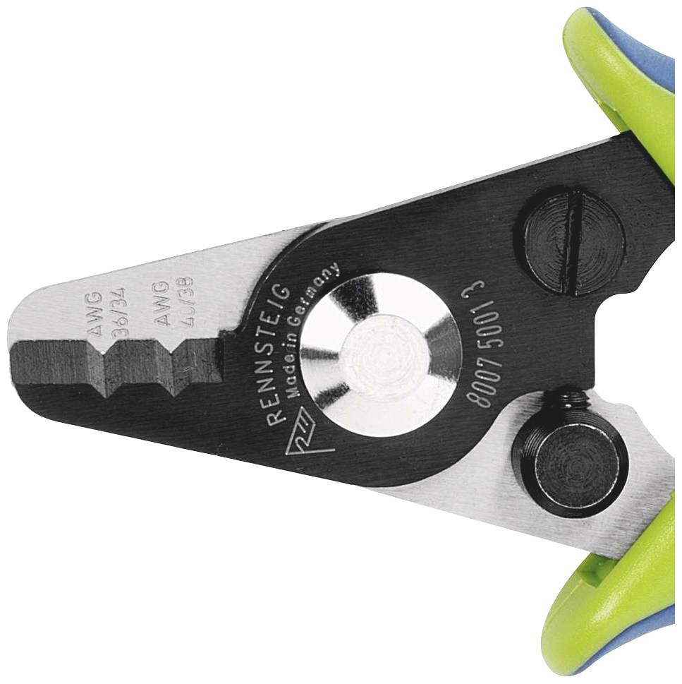 Pictured is a close-up of a wire cutter with metal blades and blue handles. Text on the blade reads: 'RENNSTEIG Made in Germany'.