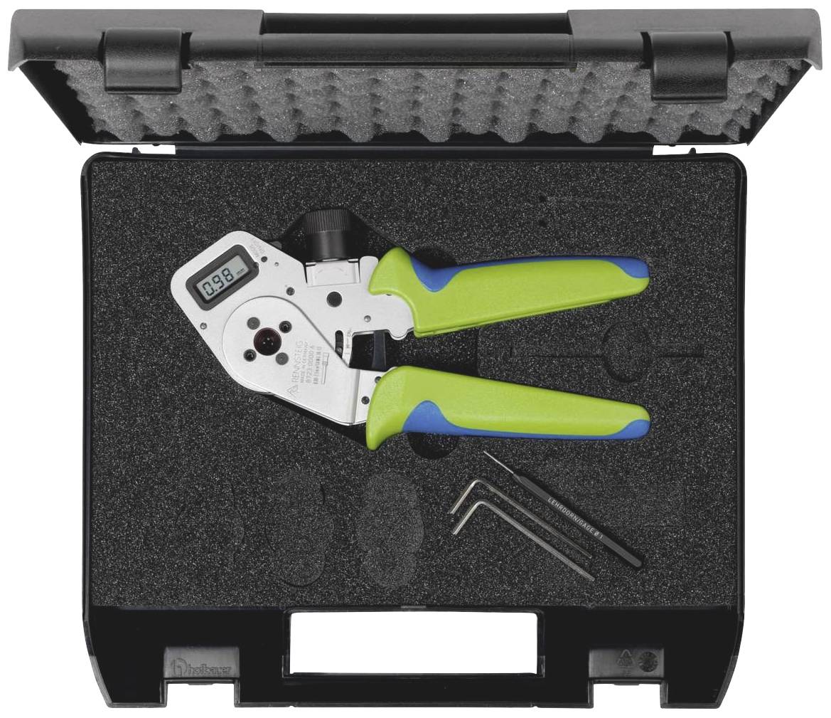 An opened case shows a crimping plier with a digital display, surrounded by foam padding and two Allen keys.