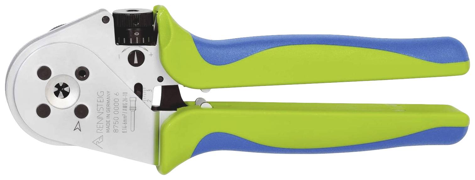 Hand crimping tool with green and blue handles, metal head with adjustment wheel. Suitable for crimping cable connections.