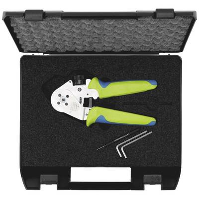 The case contains a crimping pliers with green-blue handles and two Allen keys, nestled in black foam.