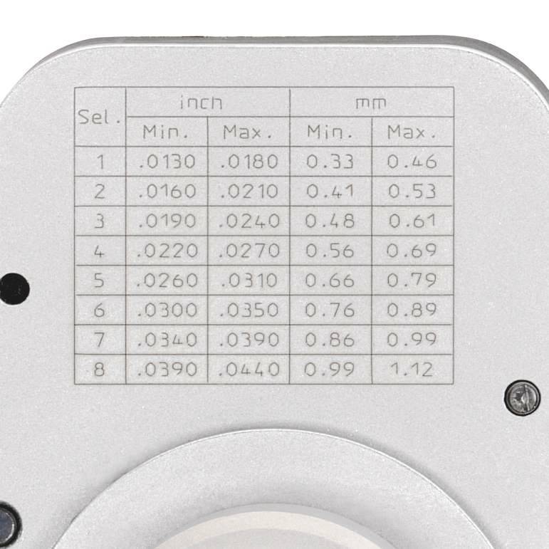 Silver measuring plate with table. Columns: 'Sel.', 'inch', 'mm'. Table values show minimum and maximum dimensions for eight selection options.