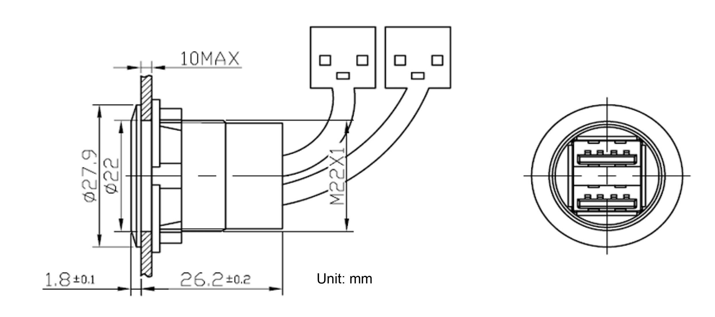 Technical drawing of a connector with metric dimensions, shown in top view and side view, with cable outlets.