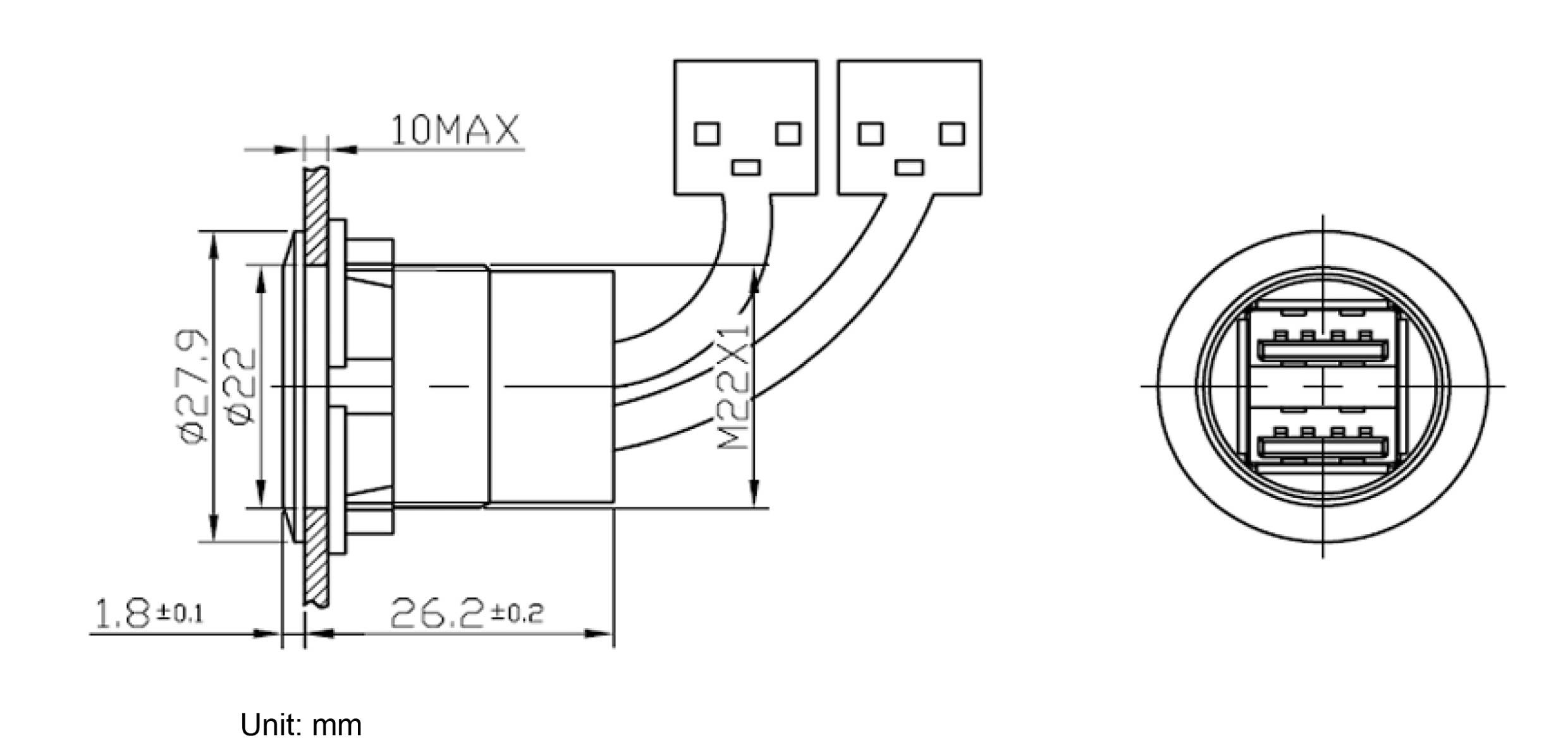 Technical drawing of a connector with dimensions in millimetres. Key features include diameter, length, and thread.