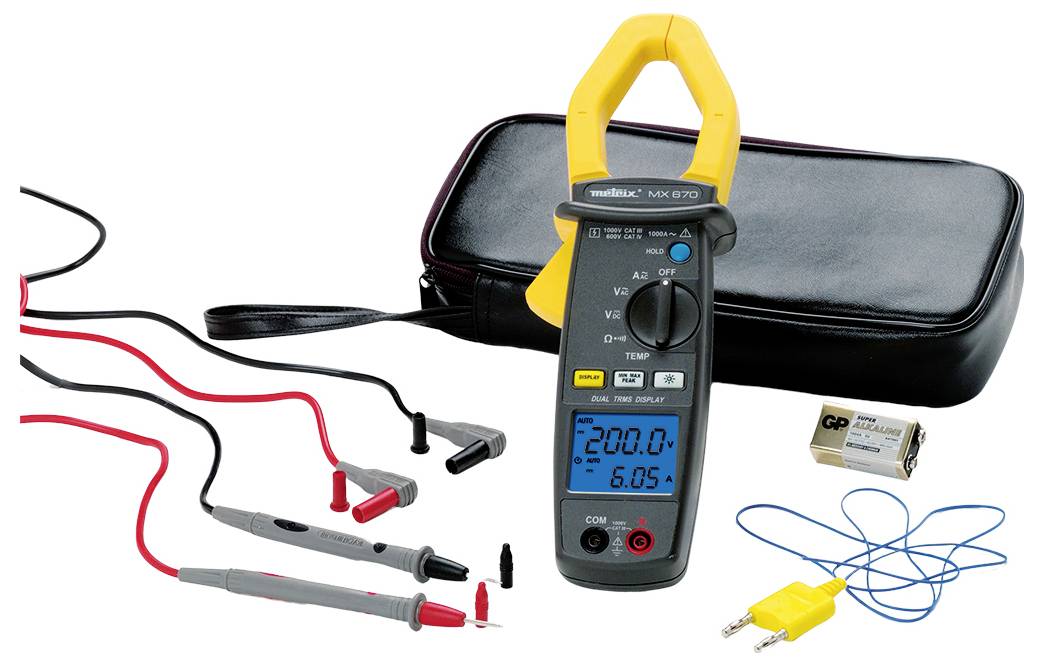 Clamp meter with digital display showing '200.0' and '6.05'. Includes test probes, cables, battery and black carry case.