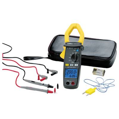 Clamp meter with digital display showing '200.0' and '6.05'. Includes test probes, cables, battery and black carry case.