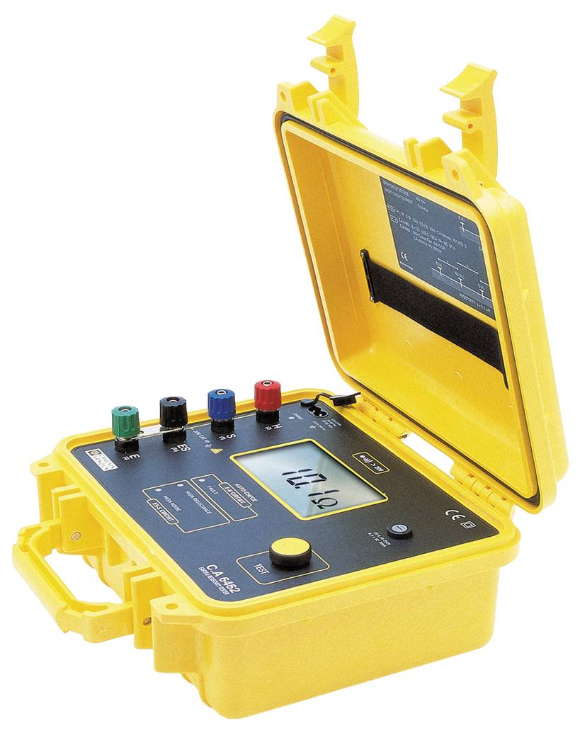 Yellow portable electric testing device with open lid. Display screen and colourful connection terminals for measurement purposes visible.