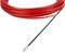Red installation cable with a black tip, used for pulling cables through pipes, is coiled on a white surface.