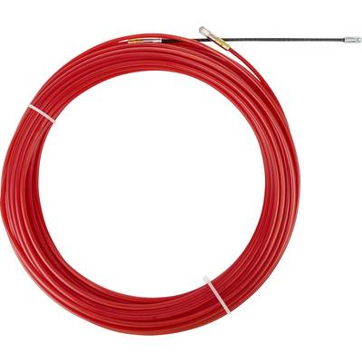 A red-coloured drain cleaning device, consisting of a spiral-shaped cable used for pipe cleaning.
