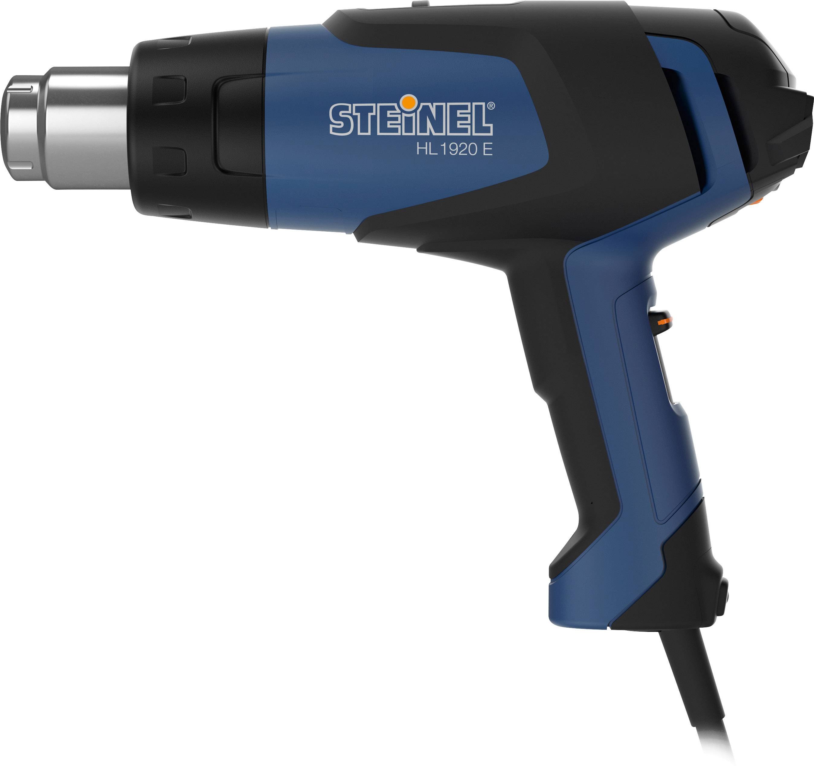 Hot air blower 'Steinel HL 1920 E' shown from the side, with blue casing and black handle.