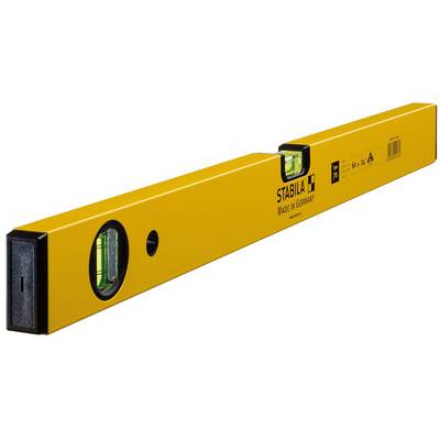 Yellow spirit level with two vials, indicates horizontal and vertical alignment. Brand Stabila, 'Made in Germany'.