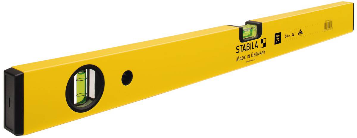 Spirit level with a yellow casing, two vials, and a black end cap, for precise measuring of horizontal and vertical alignment.